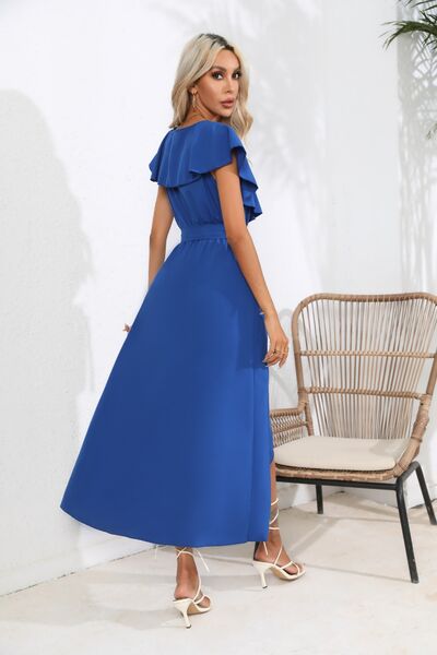 Ruffled Tied V-Neck Midi Dress |1mrk.com