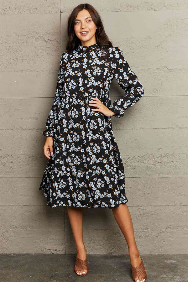 Printed Round Neck Flounce Sleeve Dress |1mrk.com