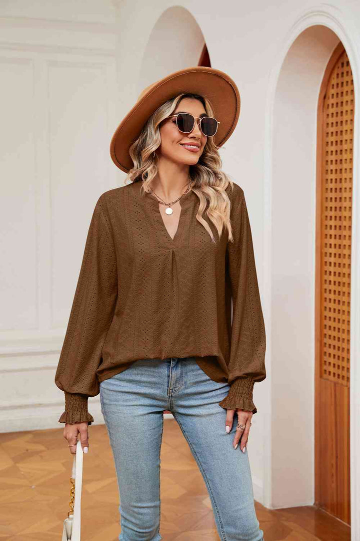 Notched Neck Flounce Sleeve Blouse | 1mrk.com