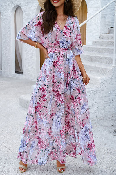 Printed Tied Half Sleeve Slit Dress |1mrk.com