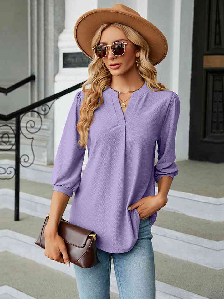 Notched Neck Three-Quarter Sleeve Blouse | 1mrk.com