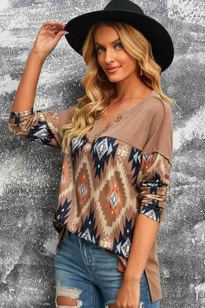 Brown Western Print Buttoned V Neck Top | 1mrk.com