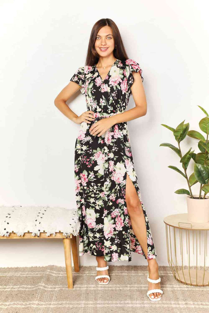 Double Take Floral Flutter Sleeve Tie-Waist Split Dress | 1mrk.com