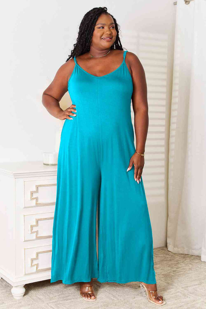 Double Take Full Size Soft Rayon Spaghetti Strap Tied Wide Leg Jumpsuit | 1mrk.com