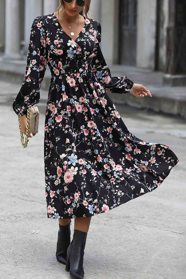 Floral Long Sleeve Surplice Neck Dress |1mrk.com