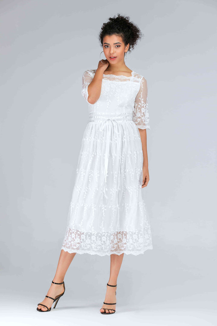 Scalloped Lace Half Sleeve Midi Dress |1mrk.com