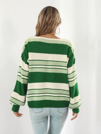 Striped V-Neck Dropped Shoulder Sweater |1mrk.com