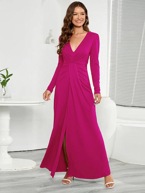 V-Neck Long Sleeve Split Dress | 1mrk.com