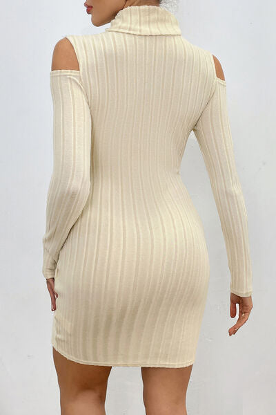 Ribbed Turtleneck Cold Shoulder Long Sleeve Mini Dress |1mrk.com
