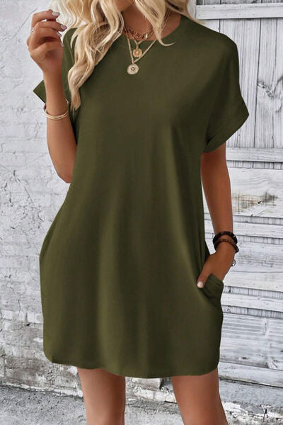 Pocketed Round Neck Short Sleeve Dress |1mrk.com