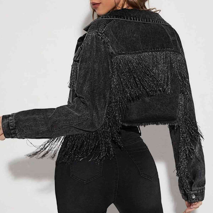 Fringe Detail Long Sleeve Cropped Denim Jacket | 1mrk.com