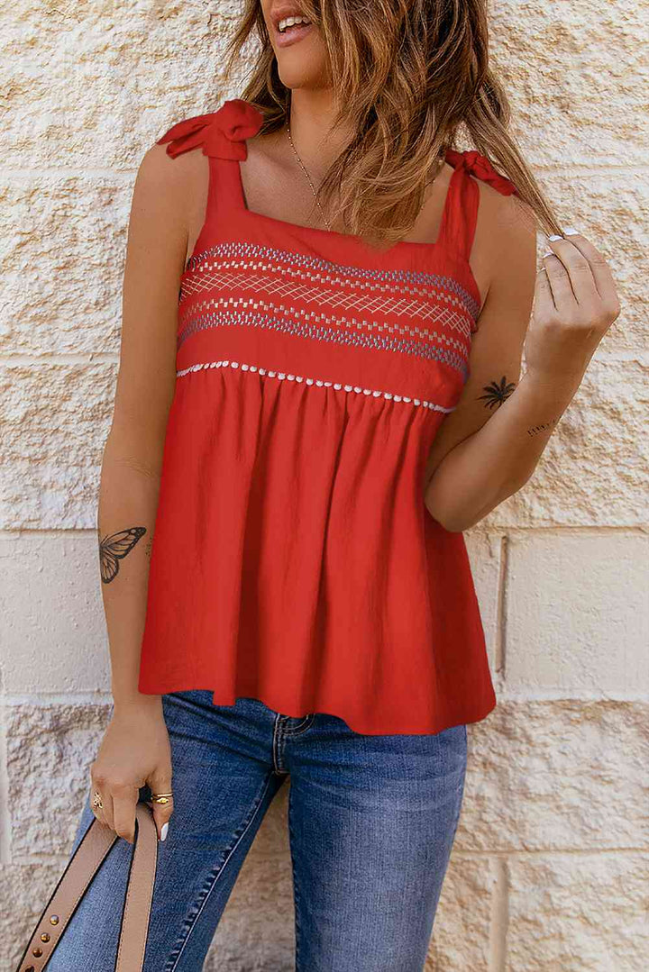 Embroidered Tie-Shoulder Babydoll Tank | 1mrk.com