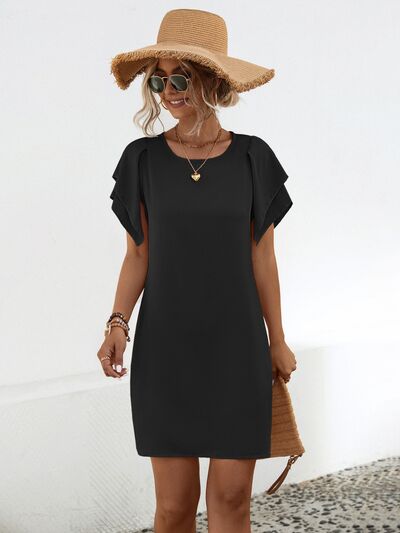 Round Neck Flutter Sleeve Mini Dress |1mrk.com