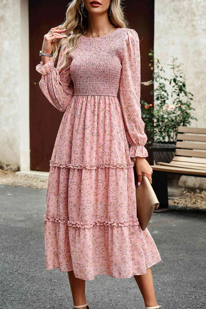 Smocked Flounce Sleeve Midi Dress | 1mrk.com