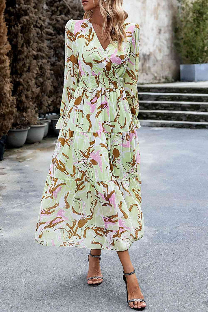 Printed Surplice Neck Flounce Sleeve Midi Dress |1mrk.com