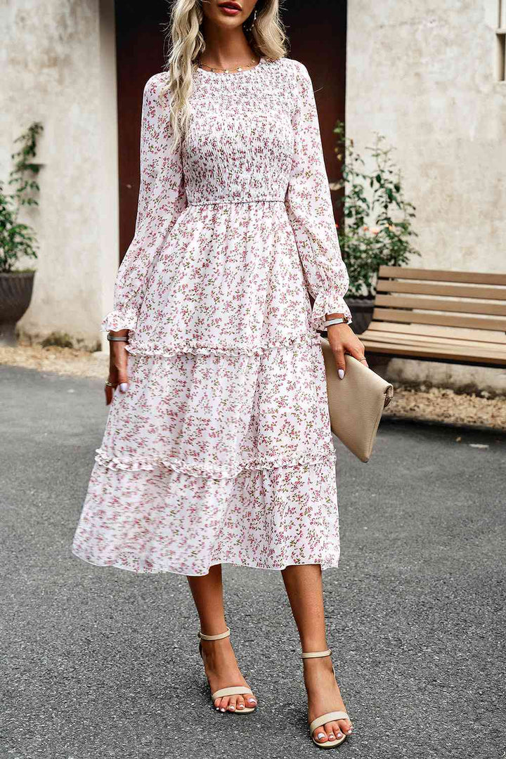 Smocked Flounce Sleeve Midi Dress | 1mrk.com