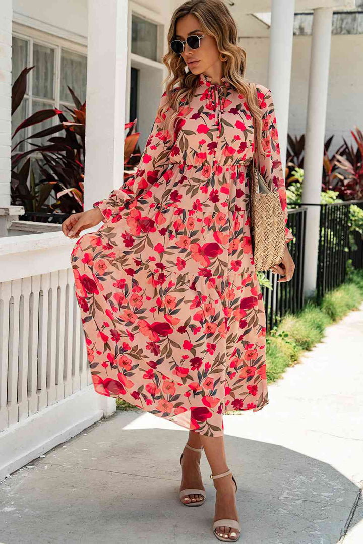 Floral Tie Neck Flounce Sleeve Tiered Dress | 1mrk.com