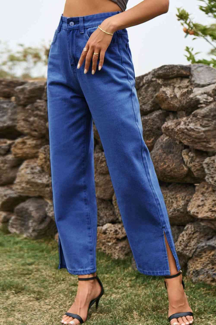 High Waist Loose Fit Ankle Slit Jeans | 1mrk.com