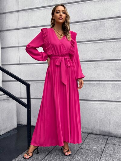 Pleated Surplice Tie Waist Maxi Dress |1mrk.com