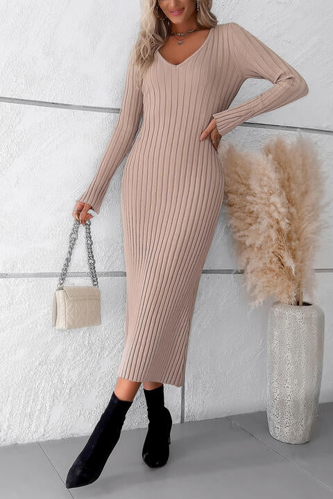 V-Neck Long Sleeve Ribbed Sweater Dress | 1mrk.com