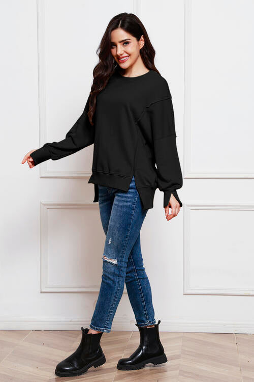 Exposed Seam Long Sleeve Slit Sweatshirt |1mrk.com