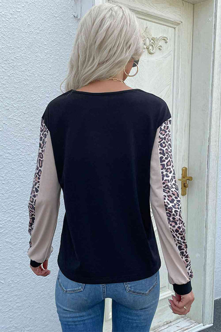 Leopard Color Block Long Sleeve Sweatshirt |1mrk.com