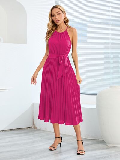 Pleated Spaghetti Strap Tie Waist Midi Dress |1mrk.com