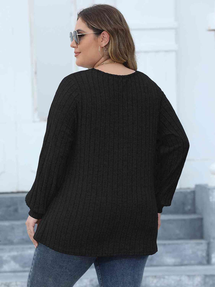 Plus Size Ribbed V-Neck Long Sleeve Top | 1mrk.com