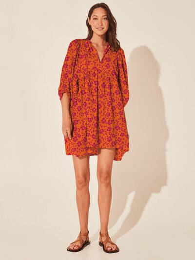 Floral Tie Neck Balloon Sleeve Dress |1mrk.com