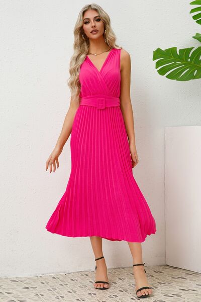 Surplice Sleeveless Midi Pleated Dress |1mrk.com