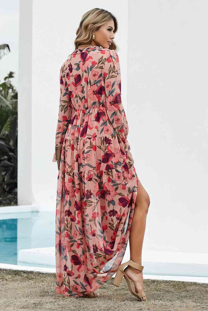 Floral Frill Trim Flounce Sleeve Plunge Maxi Dress | 1mrk.com