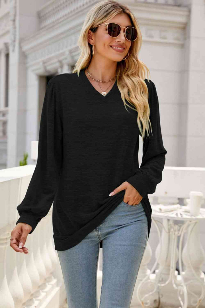 Long Puff Sleeve V-Neck Top | 1mrk.com