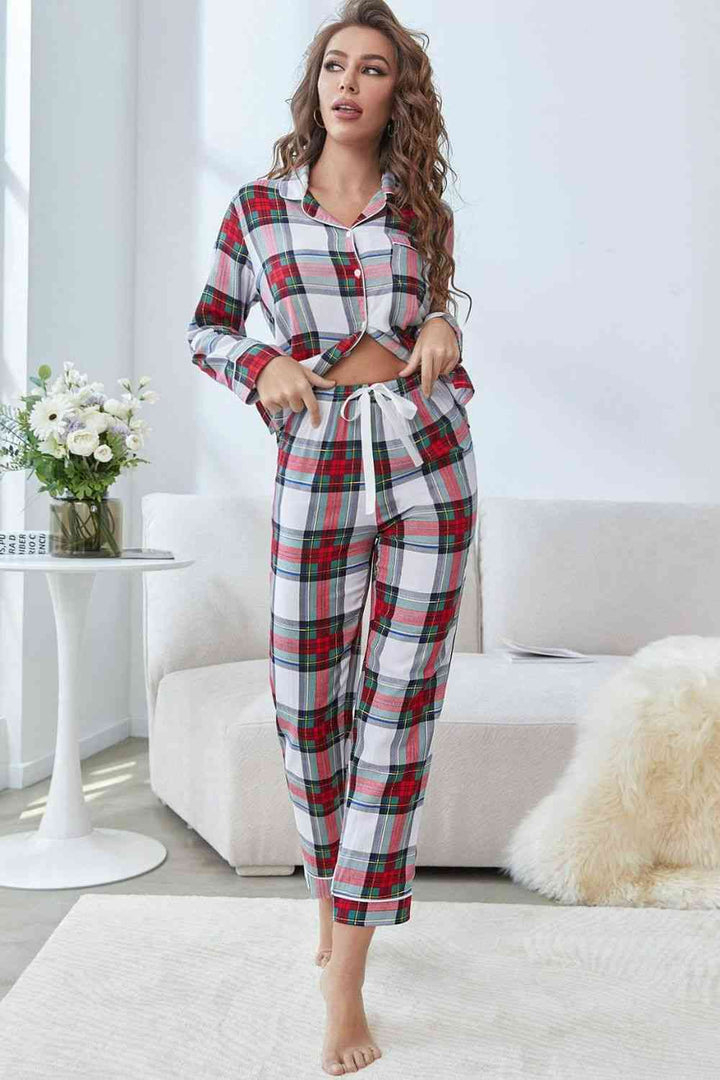 Plaid Button Front Top and Pants Lounge Set | 1mrk.com