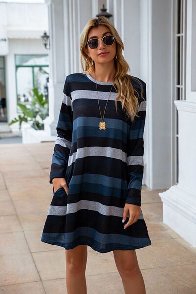 Striped Round Neck Long Sleeve Dress |1mrk.com