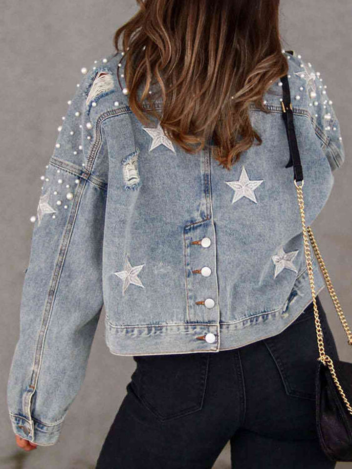 Pearl Trim Button Up Denim Jacket with Pockets |1mrk.com