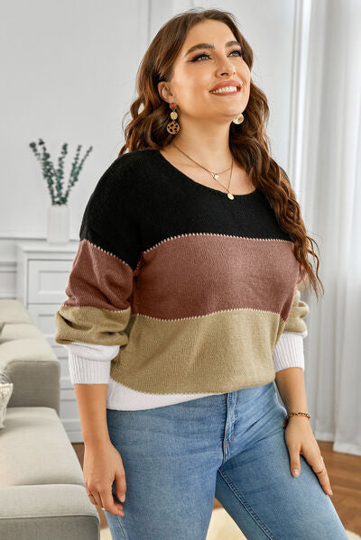 Plus Size Color Block Round Neck Sweater |1mrk.com