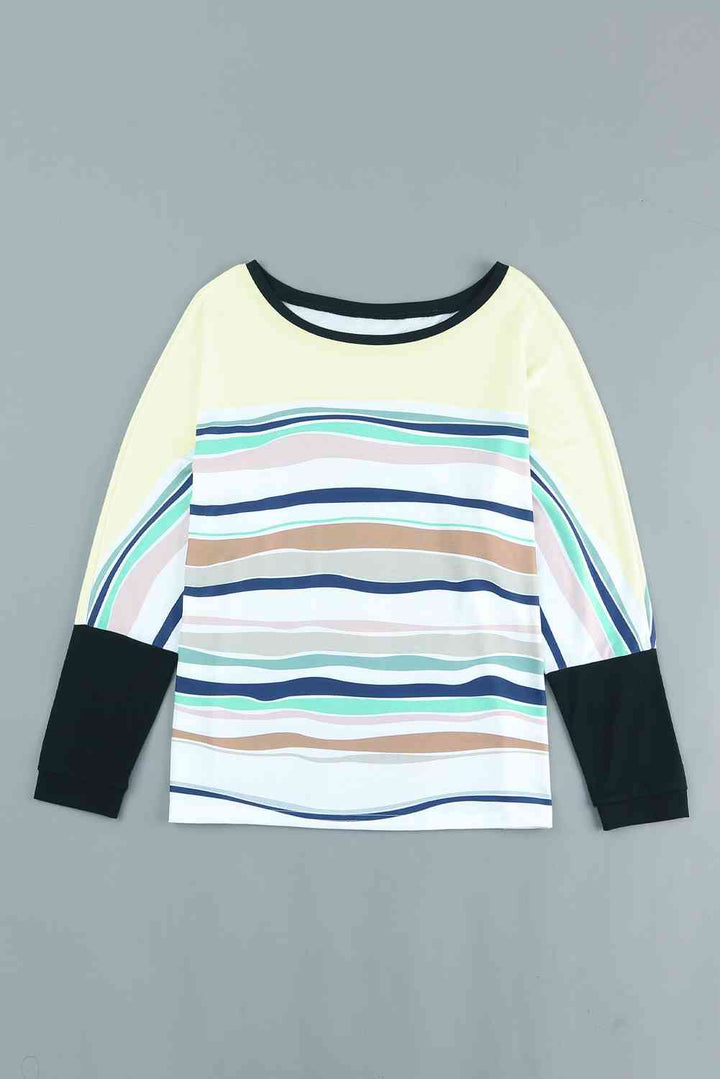 Striped Round Neck Long Sleeve Top | 1mrk.com