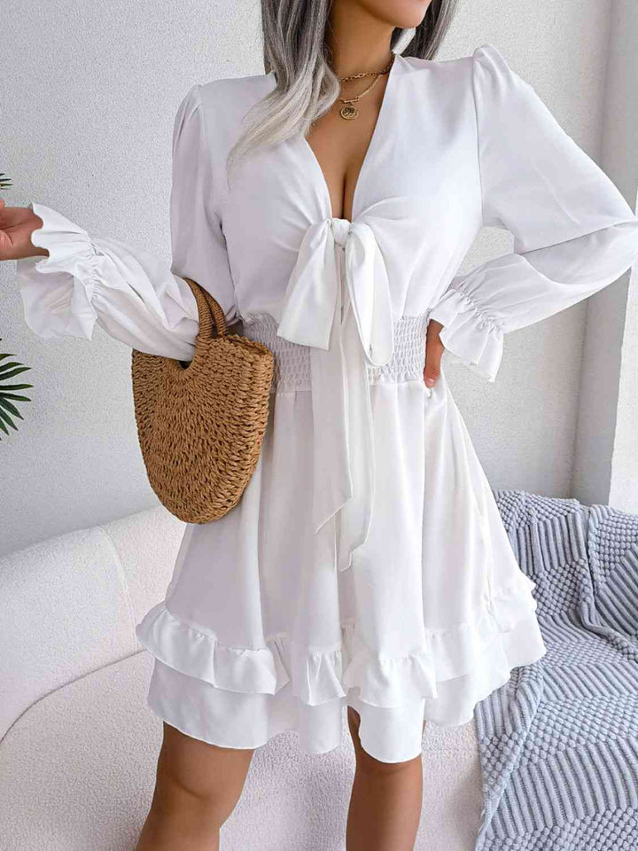 Tie Front Smocked Waist Flounce Sleeve Dress |1mrk.com