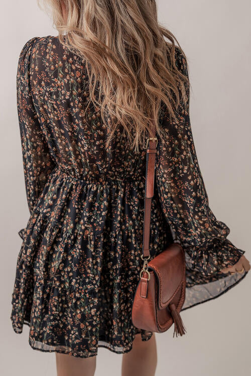 Printed Buttoned V-Neck Flounce Sleeve Dress | 1mrk.com