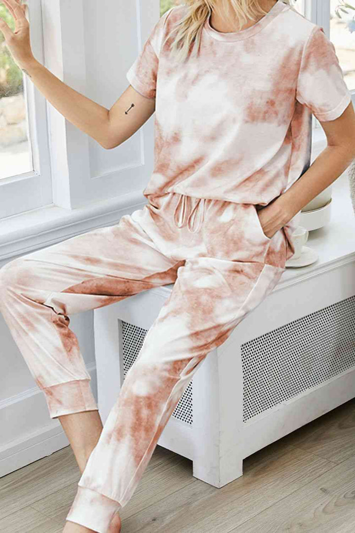 Tie-Dye Round Neck Short Sleeve Top and Pants Lounge Set | 1mrk.com