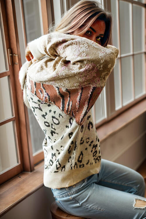 Leopard Drawstring Hooded Sweater |1mrk.com