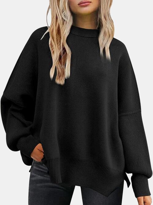 Round Neck Drop Shoulder Slit Sweater |1mrk.com