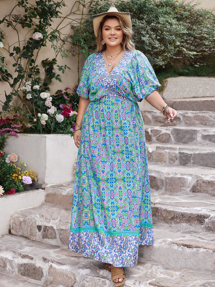 Plus Size Printed V-Neck Balloon Sleeve Dress | Trendsi