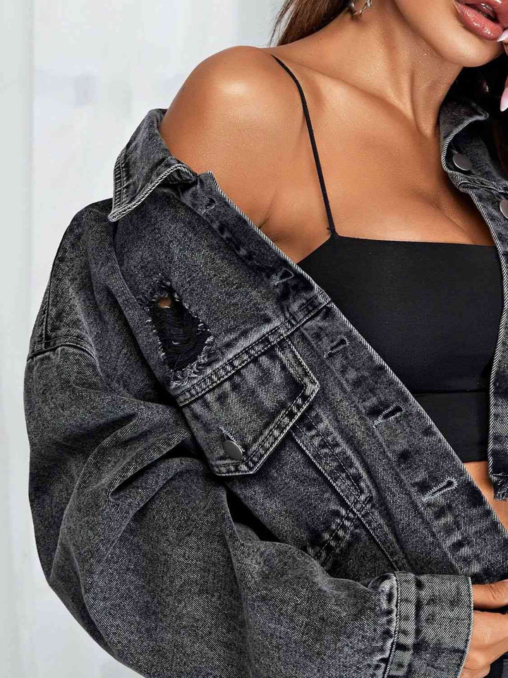 Dropped Shoulder Collared Neck Denim Jacket | 1mrk.com