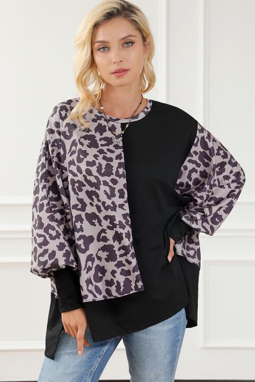 Leopard Round Neck Lantern Sleeve Slit Sweatshirt |1mrk.com