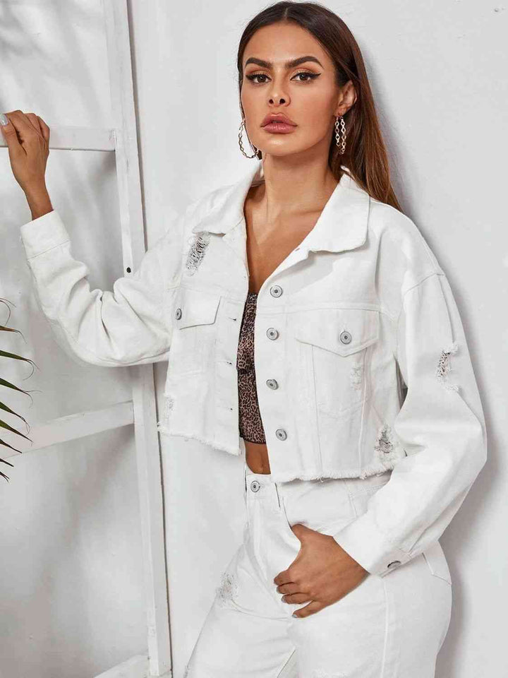 Dropped Shoulder Collared Neck Denim Jacket | 1mrk.com