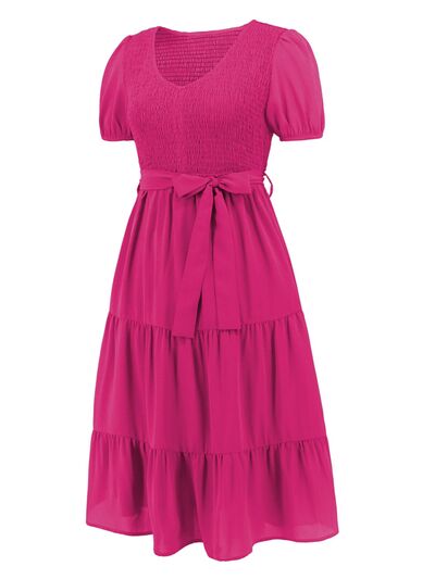 Smocked Tie Front Short Sleeve Tiered Dress |1mrk.com