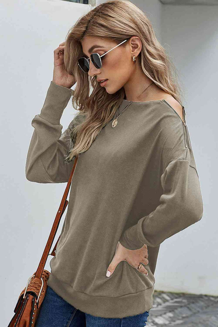 Zipper Detail Boat Neck Dropped Shoulder Sweatshirt |1mrk.com