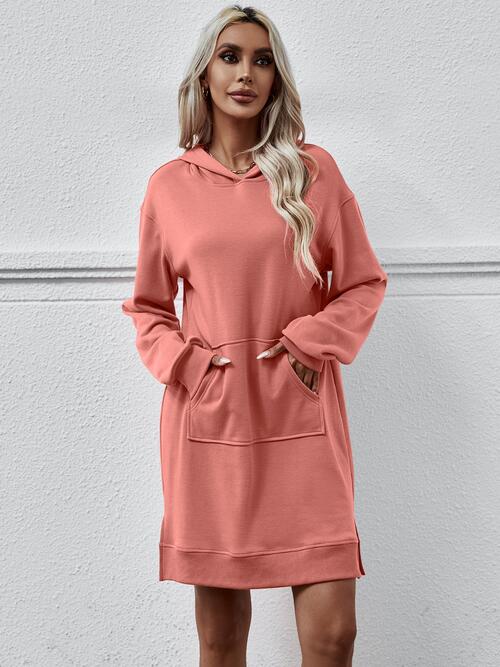 Slit Long Sleeve Hooded Dress with Pocket | 1mrk.com