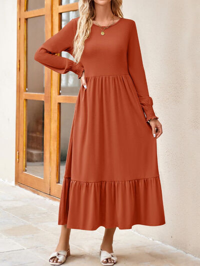 Round Neck Lantern Sleeve Ruffle Hem Dress | 1mrk.com